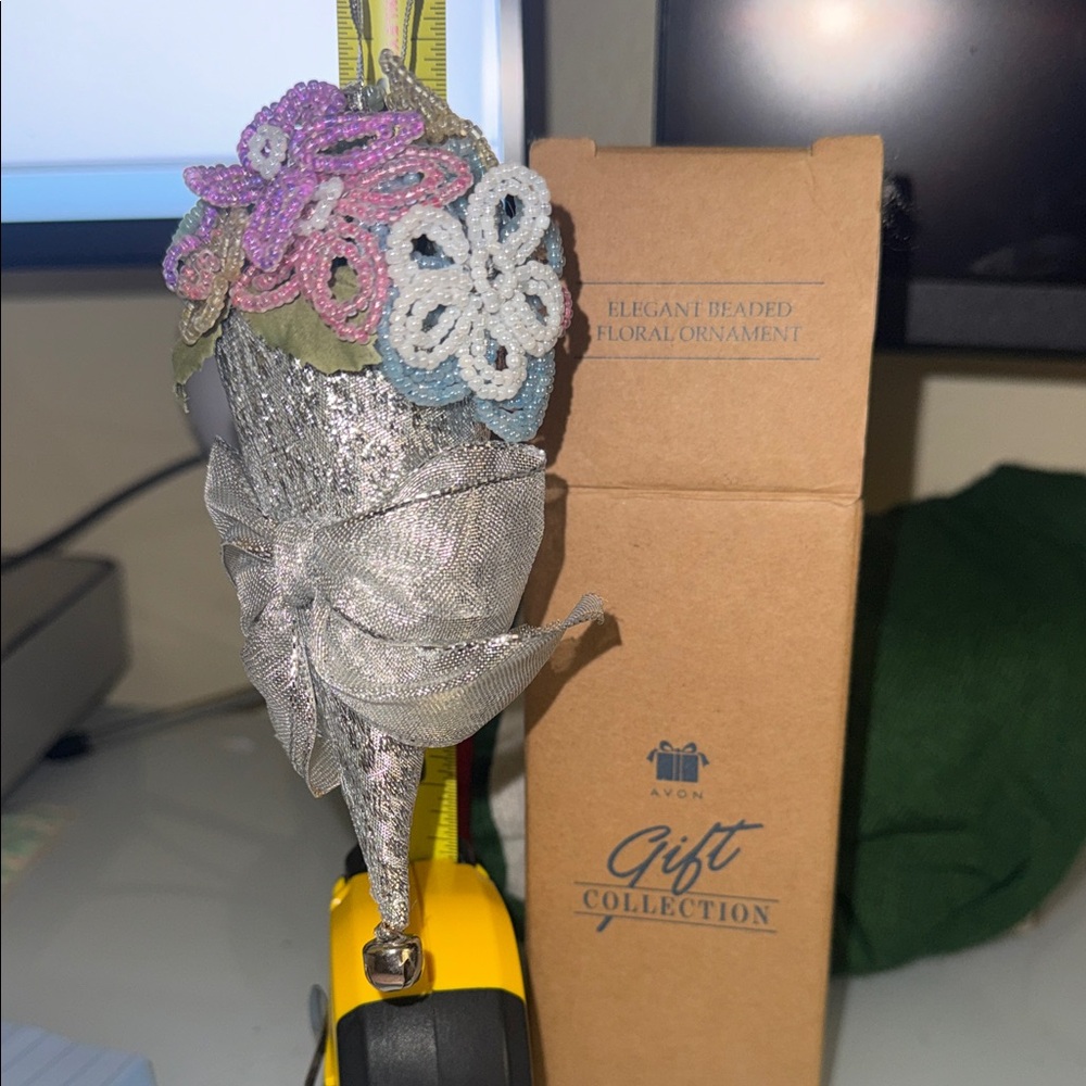 Avon Silver Cone Ornament with Pastel Beaded Flowers
